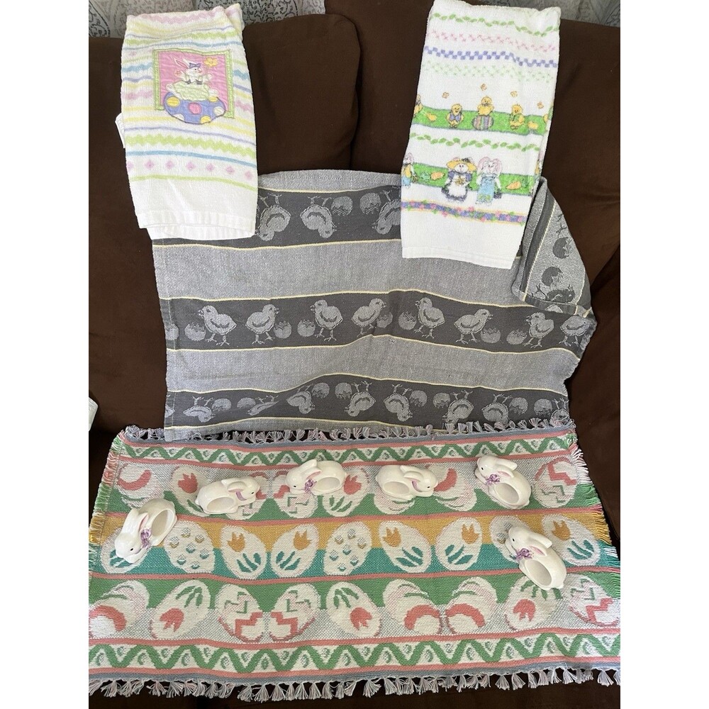 Easter Decor Bundle Bunnies And Eggs 2 Runners 2 Towels 6 Bunny Napkin Holders